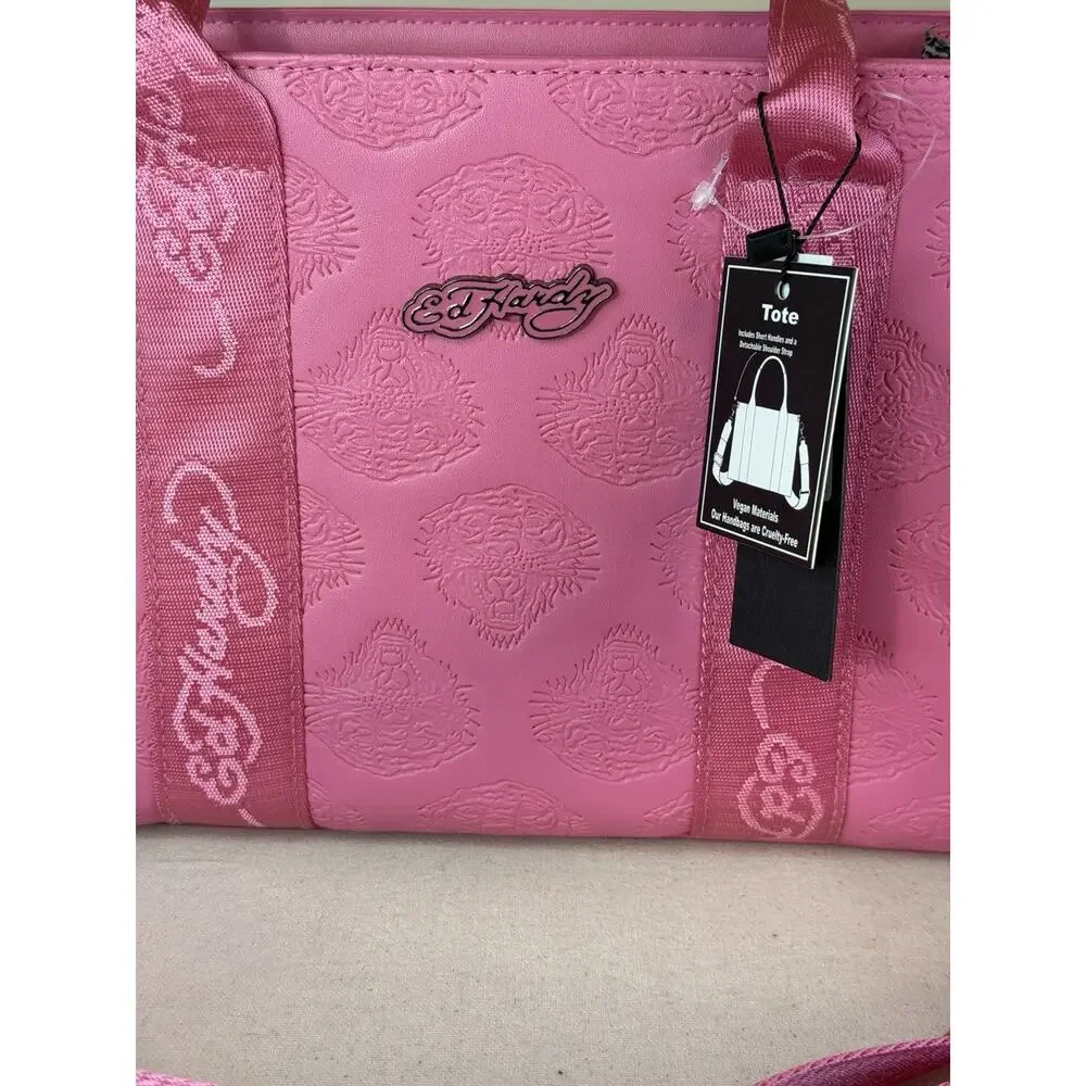 Ed Hardy Pink Vegan Tote Shoulder Bag Handbag Crossbody Embossed Tiger NWT - Picture 2 of 7